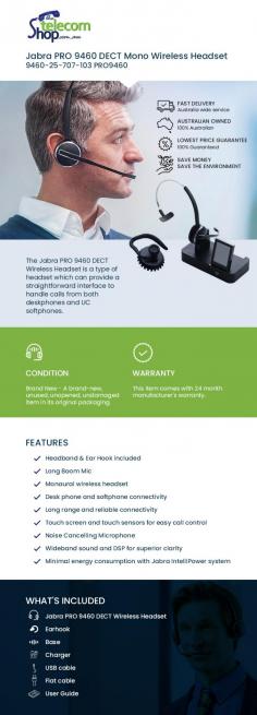 Enjoy superior wireless connectivity and amazing sound for calls with Jabra PRO 9460 wireless headset. It comes with a touch screen and touch sensors for easy call control and offers an all-day wearing comfort. Order this lightweight design headset online from The Telecom Shop PTY Ltd.