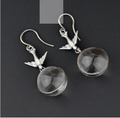 Exquisite Art Deco sterling silver rock crystal pools of light chandelier drop earrings suspended from a swallow. Each round crystal orb is band wrapped in sterling silver with the birds in flight. Exquisite pair of earrings for the animal or bird lover!
