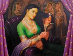 Get Oil Painting - The Bridal Shringara By Exotic India Art

The brown, sparkling eyes keep a steady gaze over the mirror, stupified by their own beauty, filled with kohl and green eyeliner that enhances their beauty. The red-colored lips have twitched into a smile and the long, elegantly straight nose sets over the smooth, wheaty-complexioned face of the woman. Her neck is adorned with two dim faux colored diamond necklaces and white pearl Mala that drapes over her cleavage.

Visit for Product: https://www.exoticindiaart.com/product/paintings/bridal-shringara-OU50/

Oil Paintings: https://www.exoticindiaart.com/paintings/Oils/

Paintings: https://www.exoticindiaart.com/paintings/