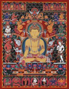 Get Dhyani Buddha Ratnasambhava - Tibetan Buddhist (Brocadeless Thangka)

In this painting the yellow-complexioned central figure is Ratnasambhava, one of the five Dhyani Buddhas (Buddhas of meditation), the other four being Vairocana, Akshobhya, Amitabaha, and Amoghasiddhi. His name literally means "jewel born". Seated in paryankasana on a multicoloured lotus, he is bedecked with jewellery and tiaras. His right hand is stretched in the gesture of charity and the left rests on his lap. Garuda, the 'Lord of Birds' crowns the apex of his enlightenment throne.

Visit for product: https://www.exoticindiaart.com/product/paintings/dhyani-buddha-ratnasambhava-tibetan-buddhist-brocadeless-thangka-ZE99/

Buddha: https://www.exoticindiaart.com/paintings/Thangka/buddha/

Thangka Paintings: https://www.exoticindiaart.com/paintings/Thangka/buddha/

Paintings: https://www.exoticindiaart.com/paintings/

#paintings #thangkapaintings #buddhapaintings #dhyanibuddha #lordbuddha #indianart #art #tibetianbuddhist