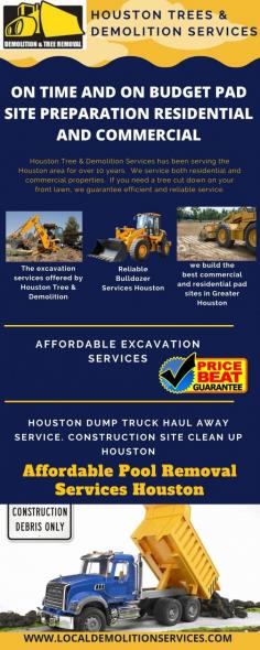 Local Demolition Services has been serving the Houston area for over 10 years.  We service both residential and commercial properties. The services are affordable, reliable, safe to remove houses, office buildings, metal buildings, warehouse structures, etc.  Additionally, our team has experience of clearing lots for build-outs, tree removal as part of demolition projects, grading the lots for construction, excavation services for ponds, retention and detention ponds. For a free estimate call us at 713-822-6966.
