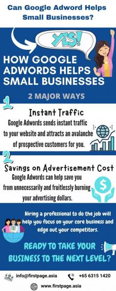 Here are the two ways your small business can gain a lot using Google Adwords:

1. Instant Traffic
2. Saving on Advertisement Cost

SEM Singapore provider like First Page can set up and manage Google Adwords efficiently and effectively.  

