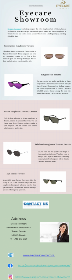 Eyecare Showroom is a leading company that offers Sunglasses Sale in Ontario, Canada at affordable prices.You can get your desired optical frames and Versace sunglasses in Ontario for men and women online. Eyecare Showroom is a leading company providing affordable deals. 