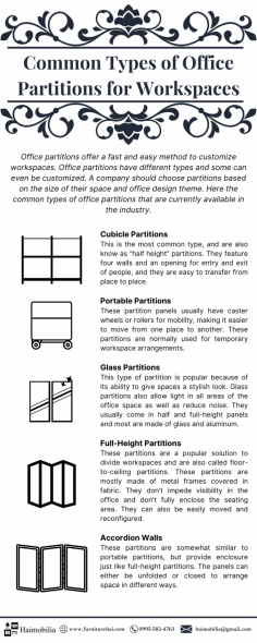 Office partitions are not only convenient for customizing workspaces, it also cost less. Haimobilia is one of the best suppliers of office partition and accessories in the Philippines. Check out our quick guide on the types of common office partitions.