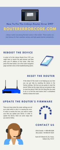 If your router has trouble regarding the Linksys Router Error 2197? No need to worry any help: our experts are 24*7 available hours for you. Get in touch with our experts for the best service and quickly work the process. Just dial Router Error Code toll-free helpline numbers at USA/Canada: +1-888-480-0288 and UK/London: +44-800-041-8324. Read more:- https://bit.ly/2RLVg63