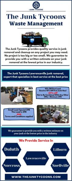 The property owners based in Alpharetta and looking to remove unnecessary junk piled up in their home can reach out to The Junk Tycoons for Junk Removal Alpharetta GA services. We are known for eco-friendly ways to remove the junk lying in your home that can be an appliance, a broken pool table, yard waste, garage junk, or hazardous waste like paints, etc. To get started Contact us now at (404) 913-1811 or visit our website: https://www.thejunktycoons.com/junk-removal-alpharetta-ga/

