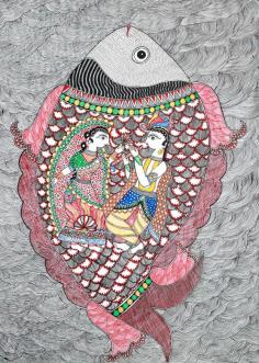 Radha-Krishna Within Fish Body-Madhubani Painting On Handmade Paper

The undying image of Radha-Krishna’s togetherness is a favorite with makers of devotional art. The Radha Krishna-Madhubani Painting you see on this page depicts the amorous couple within the body of a Matsya (fish), queen of the waters. The tribhanga Murari is, of course, playing on the flute, His body jutting laterally in three different places shoulders, hips, and ankles). His beloved Radha is an integral aspect of His Muralidhar iconography. She is situated right next to Him as She dances with abandon in His proximity, swayed by His divine music.

Radha-Krishna Madhubani Painting: https://www.exoticindiaart.com/product/paintings/radha-krishna-within-body-of-fish-DN87/

Madhubani Painting: https://www.exoticindiaart.com/paintings/folkart/madhubani/

Folk Art: https://www.exoticindiaart.com/paintings/folkart/

Painting: https://www.exoticindiaart.com/paintings/

#paintings #art #folkart #madhubanipaintings #radhakrishnapaintings #radhakrishnainsidefish #hinduart #religiousart #devotionalart #indianart