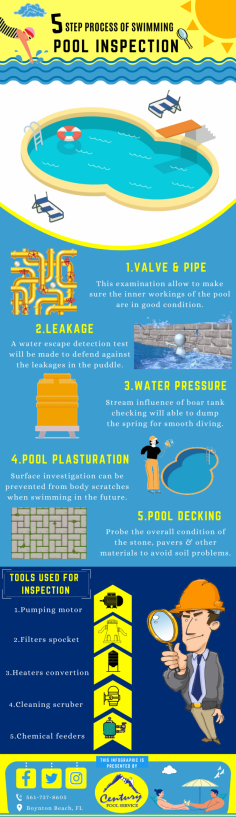 High-quality and Premier Swimming Pool Inspection Service

We offer quality pool testing works along with proper guidance and recommended solutions. Our experts will ensure the safety and check the proper function of types of equipment like heaters, pumps, and filters. For your queries email us at centurypoolsfl@gmail.com.
