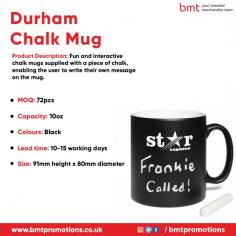 Fun and interactive chalk mugs supplied with a piece of chalk, enabling the user to write their own message on the mug.
https://bmtpromotions.co.uk/product/durham-chalk-mug/