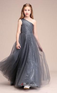 Affordable Silver One Shoulder Junior Bridesmaid Dress Floor-length Pageant Dress AUBCH062