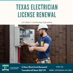 Texas Department Licensing and Regulation (TDLR) has laid down specific requirements for electricians to meet eligibility and verification needs to happen year after year. These are made for our security and those around us. TDLR requires you to renew your electrician license every year and to maintain your profession. In Texas, the smoothest way for TDLR Electrician License Renewal	is with 1st Choice Continuing Education. If you have any questions, then call us at 1-800-698-2770 or visit us https://1stchoice-ce.com/courses/checkout/texas/Texas-Electrical-Continuing-Education