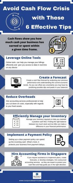 Cash flow management helps you determine your success or failure in the industry.  This infographic gives you some tips that you can follow to stay on top of your cash flow and to avoid potential problems.  

If you need assistance in protecting your cash flow, seek help by hiring an outsourced accounting services from established firm in Singapore.  Corporate Services Singapore offers outsourced accounting services in Singapore, allowing clients to enjoy high-quality, lower fixed-cost services customised accounting packages.

Source:  https://www.corporateservicessingapore.com/avoid-cash-flow-crisis-with-these-6-effective-tips/
