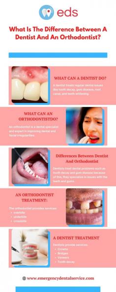What Is The Difference Between A Dentist And An Orthodontist? | Emergency Dental Service

Do you want to align your teeth but are confused, do you need to see a dentist or orthodontist? This is a big question that people ever ask. There are many differences and similarities between the dentist and the orthodontist. If you want to straighten your teeth, then it is necessary to find out what an orthodontist can do that a dentist can’t. If you need Dentist help then we are here for you we provide the best Emergency Dental in Adelphia, NJ. For more information contact us at 1-888-350-1340 or you can visit our website emergencydentalservice.com