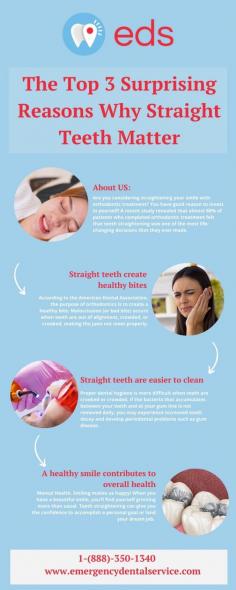 The Top 3 Surprising Reasons Why Straight Teeth Matter | Emergency Dental Service

How to achieve straight teeth at any age. You may be surprised to learn that the benefits of properly aligned teeth extend beyond confidence and appearance. A correct bite position, clean teeth, and overall body health are top reasons why straight teeth are important. If your regular dentist is unavailable. Then don’t worry, Emergency Dental Service will help you. Our Team provides the best 24 Hour Dental Emergency in Trenton, NJ-08609. To know more contact us at 1-888-350-1340 or you can visit our website emergencydentalservice.com
