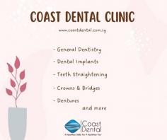 Coast Dental Singapore is a team of professional dentists located in the heritage neighbourhood of Katong and Joo Chiat. Our clinic provides a wide range of services to prevent, diagnose and treat dental diseases. At Coast Dental clinic, we provide services like general dentistry, dental implants, crowns and bridges, teeth aligners, dentures, wisdom tooth surgery, cosmetic dentistry etc. We provide general dentistry services like teeth whitening, scaling and polishing, bad breath etc. Speak to our dentist now to book an appointment for general dental consultation to guide you through the oral problems and their respective treatments.