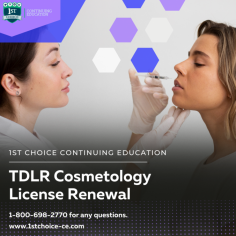 Apply for the Tdlr Cosmetology License Renewal in Texas. Enrolling in 1st Choice Continuing Education classes is simple, and you’ll have direct access to all online courses 24 hours a day 7 days a week from any device: phone, tablet or computer.  Visit us at - https://1stchoice-ce.com/courses/checkout/texas/texas-cosmetology-license-renewal-online