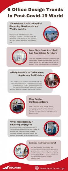 Thinking to adopt new strategies to make your office more comfortable and safer as the pandemic resets major work trends?  This infographic gives you idea on office design trends to ensure your employees feel safe.  

You may consider using office cubicles workstations to helps save space and makes employees more comfortable while working.  For high quality office cubicles, you may visit https://www.jecams.com.ph/office-partition-system.


JECAMS INC is a provider of office furniture system with a complete variety of chairs, tables and other office furnishings. 

Source: https://vicuspartners.com/articles/6-office-design-trends-post-covid-19/



