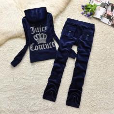 Juicy Couture Studded Logo Crown Velour Tracksuits 7388 2pcs Women Suits Navy Blue