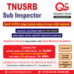 TNUSRB SI Exam - 2022

TNUSRB (Tamil Nadu Uniformed Services Recruitment Board) conducts a state-level entrance exam for filling in the vacancies for the post of Sub-Inspector in Taluk, Armed Reserved and Tamil Nadu Special Police in the state of Tamil Nadu.

Question Cloud offers Residential, Weekend and Online Training Classes for students who are preparing for the TNUSRB Sub Inspector (SI) exams. The course period is 50 days and daily exams will be conducted online.

Question Cloud - TNUSRB Sub Inspector (SI) தேர்வுகளுக்குத் தயாராகும் மாணவர்களுக்கான குடியிருப்பு, வார இறுதி மற்றும் online பயிற்சி வகுப்புகளை நடத்துகிறது. பாடநெறி காலம் 50 நாட்கள் மற்றும் தினசரி தேர்வுகள் online மூலம் நடத்தப்படும்.

Only a limited number of seats are available. Apply now on the given link to reserve your seat for FREE.

Apply link: https://forms.gle/GdXTJZAg8uerHYXH9

TNUSRB SI Exam is applicable only for the Tamil Nadu Residency candidates. The TNUSRB SI exam is conducted offline and has a duration of 3 hours.



TNUSRB SI Exam Dates 2022
Release of TNUSRB Notification: March 08, 2022,
Last Date to Submit TNUSRB Application Form: April 17, 2022
TNUSRB SI Written Exam Date: June 2022

TNUSRB SI Recruitment 2022: Vacancy Details
TNUSRB conducts SI recruitment 2022 exam for the total vacancy of 444 positions.

Post
Vacancy
Sub-Inspectors of Police (Taluk)
399
Sub-Inspectors of Police (AR)
45


TNUSRB SI Recruitment 2022: Selection Criteria
Written Examination, Physical Efficiency Test, and Viva Voce will be held for all eligible candidates.

The stages of selection procedures are as follows.
Written Test
General knowledge & Psychology test. Objective type paper of 70 marks
Certificate Verification and Physical Tests.
Viva-voce
Special Marks (5 marks)

Apply now for the course on TNUSRB with Questioncloud, then your success on the examination is sure under our guidance.

Apply now: https://forms.gle/GdXTJZAg8uerHYXH9

