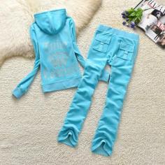 Juicy Couture Studded Logo Crown Velour Tracksuits 7388 2pcs Women Suits Sky Blue