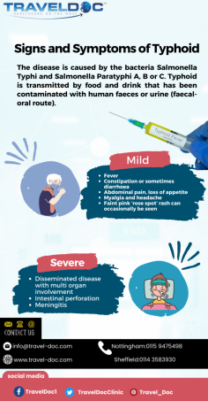 Signs and Symptoms of Typhoid

The disease is caused by the bacteria Salmonella Typhi and Salmonella Paratyphi A, B or C. Typhoid is transmitted by food and drink that has been contaminated with human faeces or urine (faecal-oral route).

Know more: https://www.travel-doc.com/service/typhoid/
