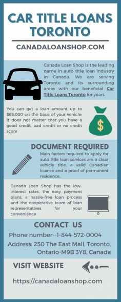 Canada Loan Shop is the leading name in the auto title loan industry in Canada. We have been serving Toronto and its surrounding areas with our beneficial Car Title Loans Toronto for years. You can get a loan amount up to $65,000 on the basis of your vehicle; it does not matter that you have a good credit, bad credit or no credit score. To Know more about this Visit our website or call our experts. 