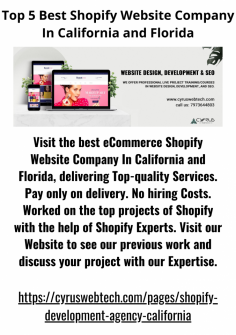 Visit the best eCommerce Shopify Website Company In California and Florida, delivering Top-quality Services. Pay only on delivery. No hiring Costs. Worked on the top projects of Shopify with the help of Shopify Experts. Visit our Website to see our previous work and discuss your project with our Expertise.
