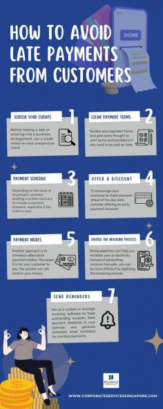 This infographic gives you smart and effective tips to help you regain control of your business’ cash flow. 
Need guidance on how your company can stay on track with its cash flow? Get advise from professional accounting firms in Singapore to help you devise a financial strategy that helps you manage better cash flow and sustain your business.

Source:  https://www.corporateservicessingapore.com/avoid-late-payments-customers/
