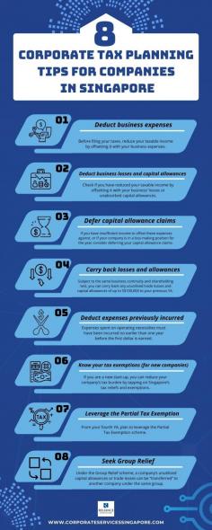 What are the best tax-saving strategies for business? Knowing when and how to plan your taxes.  This infographic gives you idea on how you can maximise tax savings for your business.  
Need advice or assistance on tax exemptions? Get help from professional accounting firms in Singapore.  Corporate Services Singapore offers a complete suite of corporate secretarial services, from outsourced accounting to audit and taxation services.
Source:  https://www.corporateservicessingapore.com/8-corporate-tax-planning-tips-companies-singapore/
