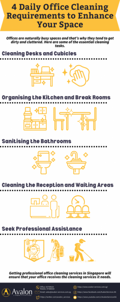 Having a regular office cleaning and disinfecting routine shows your employees that you are aware of their well-being and that you want to make their working environment a healthy, positive space.  

This infographic shows the essential cleaning tasks to enhance your workspace. 

For more details, you may visit https://www.avalon-services.com.sg/service/office-cleaning/