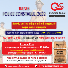 Crash Course for TNUSRB PC 2022
(Including Physical Training)

TNUSRB Recruitment Board is currently accepting applications for the jobs of Grade-II Police Constables, Grade-II Jail Warders, Firemen from qualified and experienced individuals. Merit-based criteria will be used to choose candidates.

Register today with Question Cloud to take part in the full crash course and take a free practice test. Question Cloud is India's largest online educational assessment portal offers a comprehensive crash course in both online and offline modes. Register now, at https://www.questioncloud.in

The Complete Crash course training sessions for TNUSRB Police Constable 2022, will shortly begin in Question Cloud. With our thorough lectures, substantial test series and specialized study resources that are offered throughout the program, candidates can enroll in this program and ace the exam very easily.

Call us right away to obtain a complimentary admission.

Features and Details of the Training sessions

There are both on-campus and online course options.
Separate hostels are located for men and women.
Daily exams, 10 practice exams, plus a playground and gym.
Location of the residential course: Chengalpattu District's Aksheyaa College of Arts and Science.
Details on fees: Online coaching costs 5000 rupees, while residential coaching costs 15000 rupees.
To reserve your free seat, call us right now at +91 782 402 5188 +91 782 402 6188 +91 994 056 9880.



On its official website, the Tamil Nadu Uniformed Services Recruitment Board (TNUSRB) has published the PC Notification 2022. Candidates who are interested in applying for these positions may do so by obtaining the application form from the TNUSRB website.

The online application period for the Tamil Nadu Uniformed Services Recruitment Board (TNUSRB) PC Notification 2022 is open from July 7 through August 15, 2022.

Important Dates

Events
Dates
TNUSRB PC Notification 2022 Date
30th June 2022
TNUSRB PC Notification 2022 Apply Online
07th July 2022 


TNUSRB PC Notification 2022 Last Date to Apply
15th August 2022 
Admit Card 
To be notified
TNUSRB PC Exam Date 2022
To be notified


There are a total of 3552 openings for Grade-II Police Constables, Grade-II Jail Warders, and Firemen under the Tamil Nadu government. It takes regular studying, reviewing, and evaluating to pass this exam and fill one of the positions listed above. For the TNUSRB Police Constable Exams - 2022, Question Cloud offers online test series and mock exams to help you prepare more efficiently and pass the exam. You can find us at https://www.questioncloud.in
