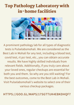 A prominent pathology lab for all types of diagnostic tests is Pulselabsmohali. We are considered as the Best Lab in Mohali for any test, including a blood test, covid test, rt pcr test, etc., you can obtain accurate results. We have highly skilled individuals from relevant fields. Additionally, if you truly care about your loved ones, regular checkups are essential for both you and them. So why are you still waiting? For the best outcomes, come to the Best Lab in Mohali. Visit Pulselabsmohali's website to select one of their various checkup packages.

https://goo.gl/maps/17SGttUK4EBKdhQf7

