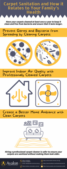 Knowing that your home is free of bacteria administers certain confidence since you and any of your family can comfortably walk or rest on surfaces without being afraid of any illnesses. Take a look at this infographic to learn about carpet sanitation and the benefits of engaging carpet cleaning services in your home.

You may visit https://www.avalon-services.com.sg/service/carpet-cleaning/ for more details.