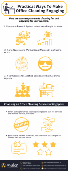 Cleaning is often considered tedious, and it’s hard to find anyone who enjoys doing it. However, having a clean environment is essential for a company’s success since it directly impacts the employee’s productivity. This infographic shows some ways to make office cleaning fun and engaging for your workers. 

To know more about office cleaning services, you may visit https://www.avalon-services.com.sg/service/office-cleaning/