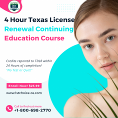Avoid extra fees by renewing your professional license at home. We provide Continuing Education courses with a 100% satisfaction guarantee. Registering for the Cosmetology License Renewal course may continue studying and expanding your expertise. So, if you are looking forward to Texas License Renewal, reach out to the 1st Choice Continuing Education today. Call 1-800-698-2770 for any questions. Visit our website https://bit.ly/3AlafUD