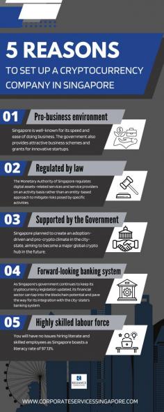 Are you thinking of starting a crypto business?  This infographic gives you five reasons to incorporate a cryptocurrency company in Singapore.
Crypto firms around the world have seen Singapore as a favourable destination for doing business.  To open your own company in the cryptocurrency sector you must first register one of the structure types recognized by Commercial Law. Think strategic! Engage a professional company incorporation firm today and position your business for success!


Source:  https://www.corporateservicessingapore.com/5-reasons-to-set-up-a-cryptocurrency-company-in-singapore/
