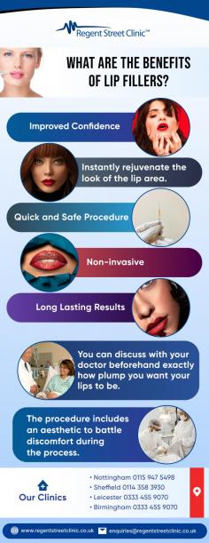 Lip Fillers are inject able treatments which help to plump out your lips without the need for expensive and invasive plastic surgery. In a process which can take as little as fifteen minutes expert doctors will use a tiny syringe to fill out your lips evenly, so they are balanced and aesthetically pleasing.

Know more: https://www.regentstreetclinic.co.uk/lip-fillers/

