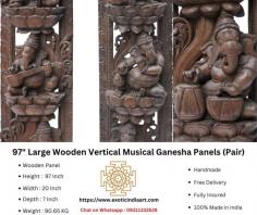 97" Large Wooden Vertical Musical Ganesha Panels (Pair)