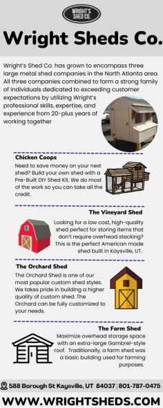 Sheds For Sale | Wright's Shed Co. 
Wright’s Shed Co. uses the highest quality materials to last. Our products offer manufacturer warranties of up to 50 years. Whether you choose our pressure-treated wood or galvanized steel base to support, you can be sure that your Shed Center in Idaho to last. For any queries, contact us at (801) 787-0475 or visit our website: https://www.wrightsheds.com/