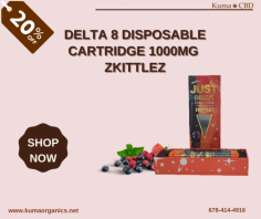  Shop Kuma Organics' Delta 8 Disposable Cartridge 1000mg Zkittlez at a steep discount for a short period of time. Delta-8 THC is a cross with a strong Indica component. The 1000mg Delta 8 THC cartridge is made to deliver a range of effects for an upbeat and active mood. We've warned you that this offer is only good for a limited time, so act now!
