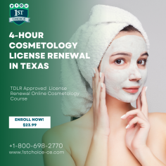 1st Choice is a leading provider of TDLR-approved continuing education courses for professional license renewals. To renew your Cosmetology Licence Renewal in Texas, you must complete 4 hours of TDLR-approved continuing education every 2 years. Your education is due before your license is renewed. You may complete the course at any time before your license expires, and you can do it from any device—including your computer or smartphone. Contact our support staff today at 1-800-698-2770. Visit our website: https://bit.ly/3AlafUD