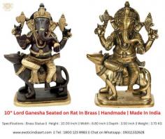 10" Lord Ganesha Seated on Rat In Brass | Handmade | Made In India