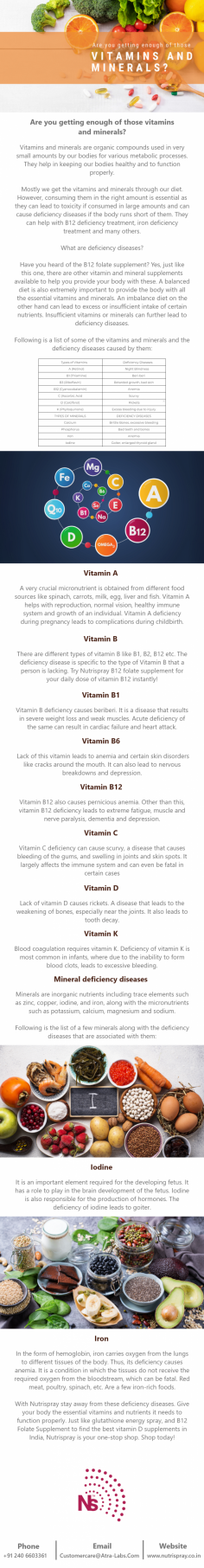 Mostly we get the vitamins and minerals through our diet. However, consuming them in the right amount is essential as they can lead to toxicity if consumed in large amounts and can cause deficiency diseases if the body runs short of them. They can help with B12 deficiency treatment, iron deficiency treatment and many others.

