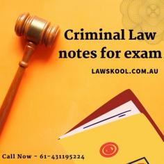 Criminal law is defined as a branch of law that deals with judgments involving wrongful acts and other offences, as well as charging and trying convicted offenders. Lawskool provides all kinds of material on Criminal Law notes for exams. https://www.lawskool.com.au/undergraduate/criminal-law