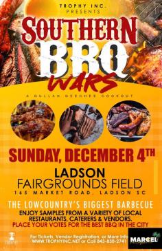 Ladson Fairgrounds Field
An event not to miss! Barbecue Wars
Join Gregg “Marcel” Dixon at The Southern BBQ Wars Sunday December 4th at Ladson Fairgrounds Field South Carolina USA. This will be an experience of a lifetime.
The Lowcountry's Biggest Barbecue.

Ladson Fairgrounds Field
165 Market RD
Ladson SC 29456 USA
December 4th 2022
Brought to you by Trophy INC
Get the details and enroll now.
Website:https://marcelforcongress.com/

#BBQContest
#GreggMarcelDixon
#Reparations
#CookingContest
#SouthCarolina
#FamilyEvent
#BBQWars
#GullahGeechee
#Congressman
#CookingCompetition
#CompetitiveFoodExperience
#BarbecueFood
