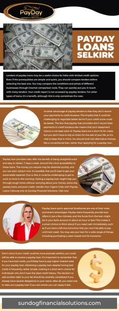 Another advantage of payday lenders is that they don't record your payments to credit bureaus. This implies that it could be challenging to negotiate better terms if your credit score could be better. The fact that payday loan providers don't record their payments to credit bureaus also means that your repayment history is not kept track of. Payday loans are a short fix for crises, but you don't have to rely on them for the rest of your life, so it's vital to keep that in mind. You should look into alternative choices, like a conventional loan, rather than applying for a payday loan. Learn About Your Eligibility for Payday Loans Selkirk only at Sundog Financial Solutions. Visit now https://sundogfinancialsolutions.com/payday-loans-selkirk !