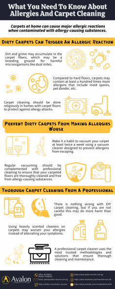 Carpets are great at collecting dust and pollen and holding it in their fibers, and if you or someone in your home suffers from allergies you have to pay more attention to cleaning your carpet regularly. To make sure that your carpets are allergen free you’ll need to contact a professional carpet cleaning in Singapore.

To find out more about carpet cleaning in Singapore visit https://www.avalon-services.com.sg/service/carpet-cleaning/ 