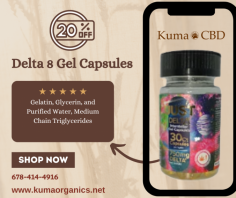 Get Delta 8 Gel Capsules from Kuma Organics. These capsules are made with a blend of gelatin, glycerin and purified water, plus medium chain triglycerides. They are easy to swallow and provide a powerful and effective dose of Delta 8. Each capsule contains a pre-measured dose, so you don't have to worry about taking too much. It is recommended that users take no more than one capsule every 8 hours. Delta 8 is a naturally occurring compound found in hemp, and these capsules are an easy way to get your daily dose. Everyone may react differently to the product. We are sure you will love the convenience and effectiveness of Delta 8 Gel. If you want amazing offer of Kuma Organics shop today.
