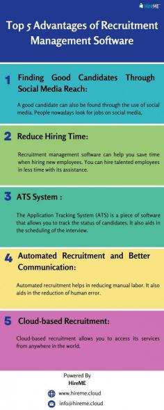 Recruitment management software is a type of technology that aids in the management of an organization's recruitment process. Both recruiters and candidates benefit from the use of recruitment software. HireME is one of the best recruitment management software options, with both free and paid versions available. To learn more about the 5 Advantages of Recruitment Management Software, please visit here: https://www.hireme.cloud/blogs/5-benefits-of-recruitment-management-software