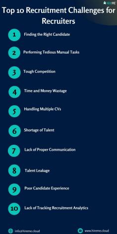 It has never been easier for any organization to find new candidates. Recruiters made an unwavering effort to avoid bad recruits in order to become good recruiters. Since the introduction of Covid19, the recruitment process has become more difficult than ever. Please visit here to learn about the top ten recruitment challenges that businesses around the world are facing: https://www.hireme.cloud/blogs/10-massive-recruitment-challenges-and-how-to-overcome-them